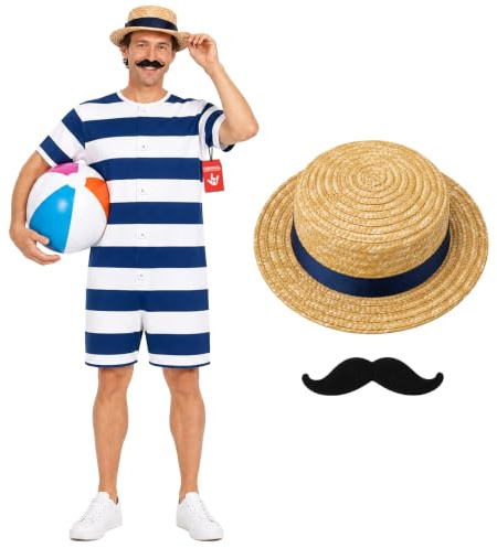 Fun Shack Badeanzug Herren 20er Jahre, Retro Halloween Kostüm Herren | Einteiler, Strohhut & Schnurrbart, Blau-Weiß Gestreift, Zum Überziehen, Perfekt für Halloween, Ideal zum Verkleiden