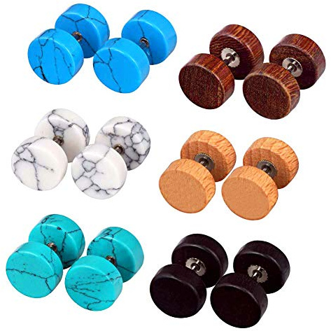 Longbeauty 6 Pairs Fake Ear Gauge-Ear Plug-Ear Stud Earring Organic Wood Stone Set 8MM