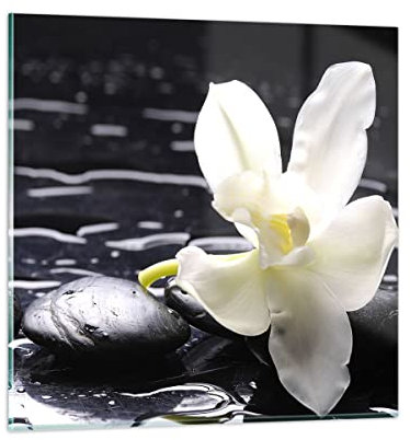 Wandbilder Dekoration Wohnzimmer Spa Orchidee Steine Wasser Bilder auf Glas 50x50cm Glasbild Schlafzimmer Küche Deko Wand Kunstdruck Art Klein Wanddeko Bild im Glas Modern Wall Decor GAC50x50-0444