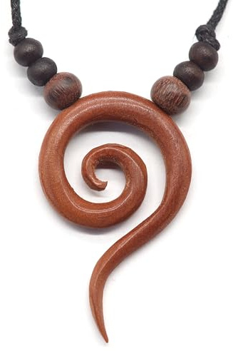Drachensilber Halskette rote Spirale Handarbet Holz Kettenanhänger- inkl. Variables Band – handgeschnitzter Anhänger Kette Holzschmuck – Symbolschmuck Damen Herren