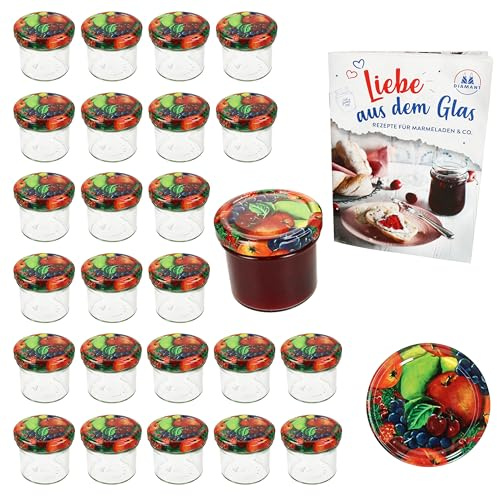 MamboCat 25er Set Sturzglas 125 ml mit Schraub-Deckel Obst I Einmachgläser + to 66 Deckel mit Diamant-Zucker-Rezept I Vorratsgläser einkochen & konservieren