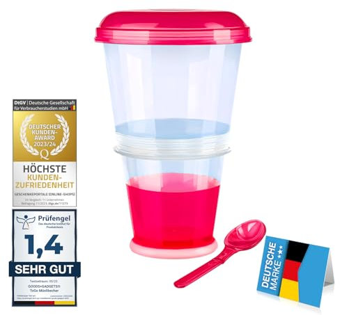 GOODS+GADGETS Muesli To-Go Muesli Mug for On-the-go 2-Go Muesli Travel Mug with Insulated Milk Cooler Compartment & Folding Spoon with Tight Lid for Work, University, Travel, Picnic and More (Red)