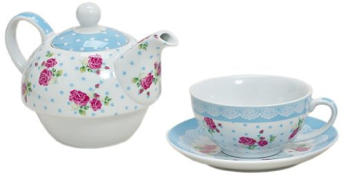 Tea for one Set 3-teilig Porzellan Teekanne mit Tasse und Untertasse mit Rosen und Blumen Motiv (Blau)