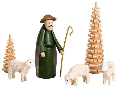 Födelsekyrfigurer – mångfärgad herde, tre får och två Bäumchen höjd på ca 6,5 cm igen miniatyrfigurer trämalmberg