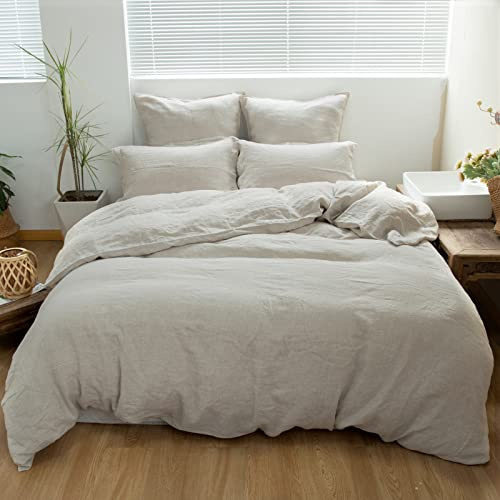Simple&Opulence 100% Linen Duvet Cover Set 3pcs Basic Style Natural French Washed Flax Solid Color Soft Breathable Farmhouse Bedding with Button Closure - Linen, Queen