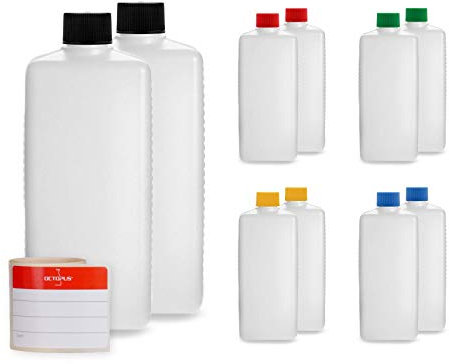 Octopus 10x 500 ML Bouteilles en Plastique HDPE avec Bouchons à vis colorés, Bouteilles carrées vides avec étiquettes
