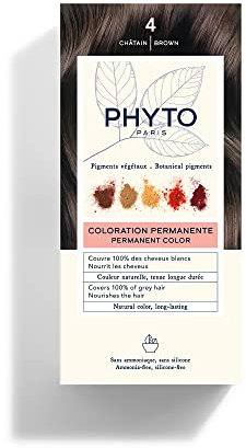 Phyto Paris - Coloration Cheveux Permanente 4 Châtain - Couleur Châtain Intense, Naturelle et Lumineuse - Sans Ammoniaque Enrichie en Pigments Végétaux - Kit Complet à Usage Unique
