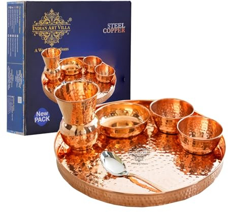 IndianArtVilla Lot de 8 thali/dîners traditionnels faits à la main en cuivre pur