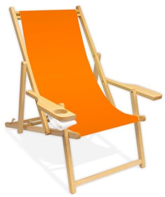 Holz-Liegestuhl mit Armlehne und Getränkehalter, Klappbar, Wechselbezug (Orange)