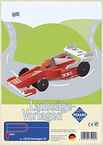 Pebaro 352/4S Laubsägevorlage Rennwagen 3D, 3mm Sperrholz DIN A 4, Auto Motiv vorgedruckt, aussägen mit Laubsägebogen, basteln, anmalen, fertig, Laubsägen, Basteln mit Holz, Geschenkidee