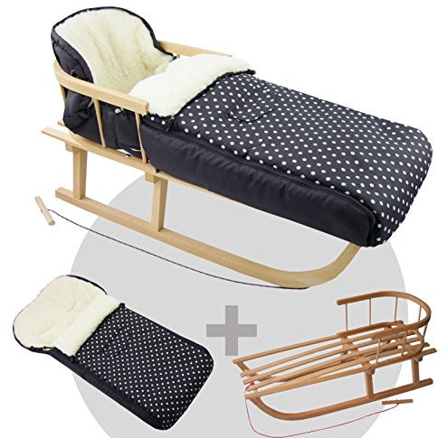 BAMBINIWELT KOMBI-ANGEBOT Holz-Schlitten mit Rückenlehne & Zugseil + universaler Winterfußsack (108cm), auch geeignet für Babyschale, Kinderwagen, Buggy, aus Wolle (schwarz weiße Punkte)