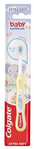 Colgate Kids Toothbrush 0-2 Years - Baby Toothbrush - Extra Soft bristles - Gently and Effectively Clean First Teeth - Small Brush Head - Blue bristles Toothpaste Guide - Non-Slip Handle