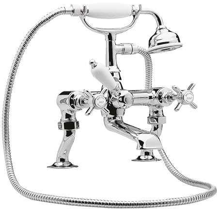 Balterley Bath Mixer Tap with Shower Kit, Dual Crosshead Traditional Bath Filler Tap, Traditional Head Showers for Bathrooms, Bathroom Taps with Shower Head and Hose Set - 215 x 180 x 295mm (Chrome)