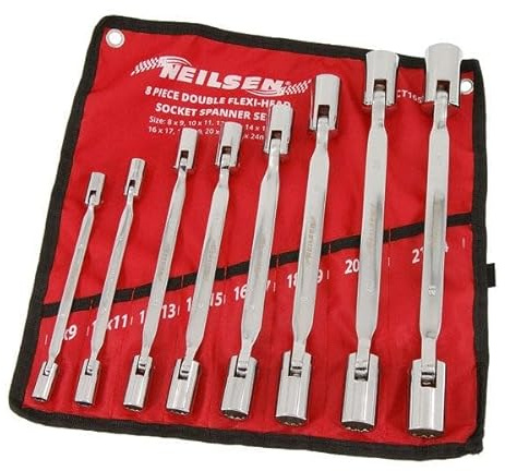 Neilsen CT1657 8pc Socket Spanner Set - Double-Headed Flexi-Head, Sizes 8mm to 23mm | Chrome Vanadium Finish | Wall-Mountable Storage Pouch