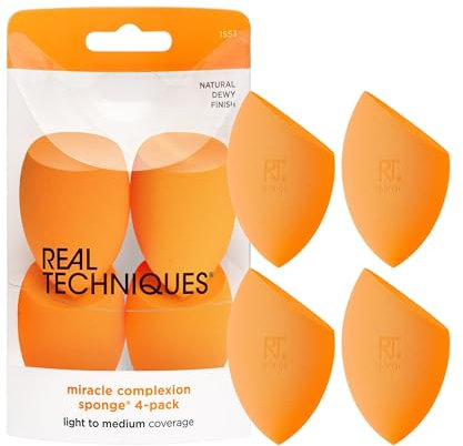 Real Techniques Miracle Complexion Sponge for Liquid & Cream Makeup, 3-Point Design for Seamless Application, Streak-Free Natural Dewy Finish, Latex-Free, Cruelty-Free, Vegan, Easy to Clean, Pack of 4