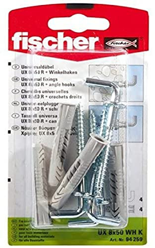 FISCHER Universaldübel UX 6 x 35 WH, je 25 Nylondübel mit passenden Winkelhaken, Allzweckdübel mit Rand, für optimalen Halt bei Befestigungen in Beton, Gipskarton, Kalksand-Lochstein uvm.