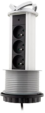 Zenitech - Bloc 3 Prises Escamotable 16A 2P+T - Câblé HO5VV-F 3G1 - Gris - Longueur 1,60m - Prises Cachées pour Optimisation de l'espace - Couvercle et Cadre Décoratif - Idéal Bureau et Maison