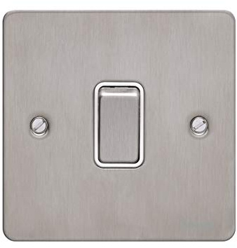 Schneider Electric Ultimate Flat Plate - Single 2 Way Light Switch, Intermediate, 16AX, GU1214WSS, Stainless Steel with White Insert