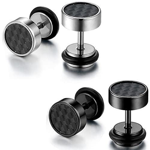 Flongo Damen Ohrringe Knopf Männer Ohrstecker, 4 Stück Gestüt Stecker mit Kohlenstoff Carbon Fiber Kohlefaser Herren Ohrringe Ohrstecker Ohrhänger Schwarz Gold Silber Taper Fake Plug Tunnel