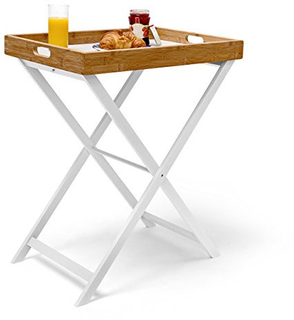Relaxdays Tabletttisch Bambus H x B x T: ca. 72 x 60 x 40 cm Beistelltisch mit Tablett als Klapptisch und Serviertablett aus Bambus und Holz zum Servieren beim Frühstücken als Tablettständer, weiß