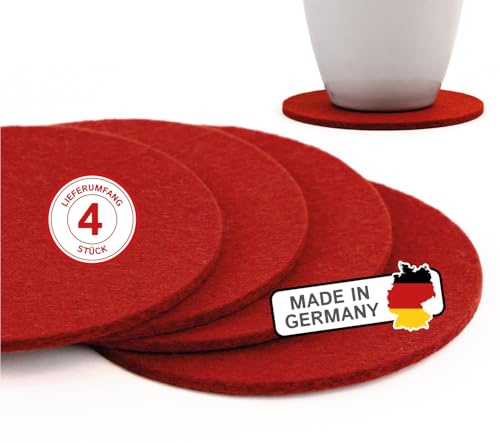 filzbrand Filz Untersetzer rund für Gläser, Filzuntersetzer 4 Stück (4er Set), Ø 10 cm in Karminrot, 3 mm dick, Glasuntersetzer, Getränkeuntersetzer aus Designfilz 100% Wolle – Made in Germany