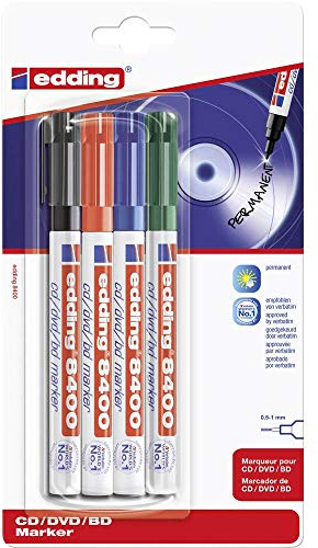 edding 8400 CD/DVD/BD Marker - mehrfarbig - 4 Stifte - Rundspitze 0,5-1 mm - für die dauerhafte Beschriftung von CDs, DVDs und Blu-ray Discs
