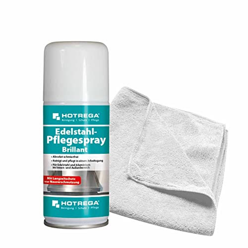 HOTREGA Edelstahl-Pflegespray Brillant 150 ml | Reinigung & Pflege | Vermindert Fingerabdrücke | Für Küche, Haushalt & Geräte | inkl. Microfaser