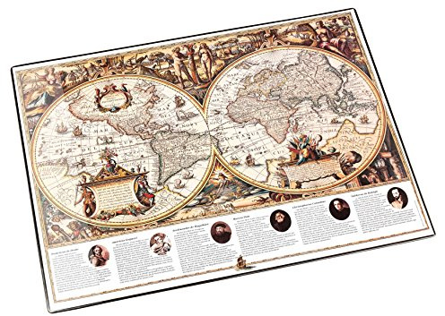 Läufer 45349 Landkarten-Schreibtischunterlage Welt antik, rutschfeste Schreibunterlage mit antiker Weltkarte, 40x53 cm, mit transparenter Seitentasche