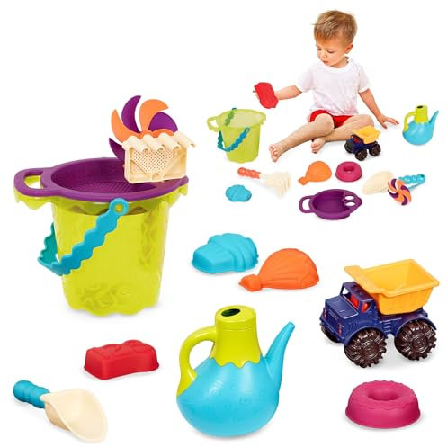 B. toys Sandspielzeug 11 Teile mit Tasche –Sandkasten Spielzeug, Strand, Spielplatz mit Eimer, Schaufel, Sandförmchen, Kipper – Spielzeug ab 18 Monaten