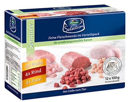 Dehner Premium Katzenfutter Sensitive Multipack, Nassfutter, für ernährungssensible Katzen, je 4 x Huhn / Rind / Pute, 12 x 100 g Beutel (1.2 kg)