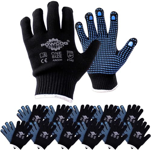 POWCOG Grip Gloves, Seamless Lightweight Black Washable 10-Gauge Nylon with Blue PVC Gripper Dots for Gardening, Work, Warehouse, Shelf Filling, One Size Fits All