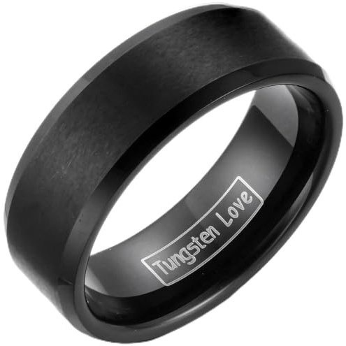 JewelryWe Schmuck Herren-Ring 8mm Breite Wolfram Wolframcarbid Herren Damen Ring Schwarz Matt mit abgeschrägte Kante Partnerringe Verlobung Hochzeit Band