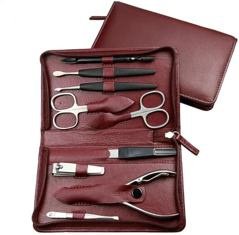 Hans Kniebes Maniküre Set 9-teilig Bordeaux – Profi Nagelpflege & Pediküre Set aus Edelstahl – Nappa Leder Etui mit Reißverschluss – Nagelschere, Zangen & Knipser – Premium Manikürbesteck