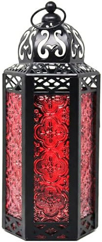 Vela Lanterns Marokkanische Lampenlaterne, dekorativer Kerzenhalter für Innen- und Außenbereich, Heimdekoration, Terrasse, Hochzeiten, rotes Glas, mittelgroß