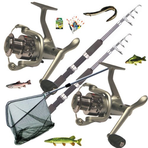 Angelset 2 Ruten + 2 Rollen mit Kescher und Zubehör Haken Posen Schnur