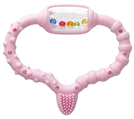 Curaprox Baby Beißring - Für Kleinkinder 0-24 Monate/Lindert Zahnbeschwerden & fördert die Motorik | BPA-frei, Rosa, mit Trainingszahnbürste/Hergestellt in der Schweiz