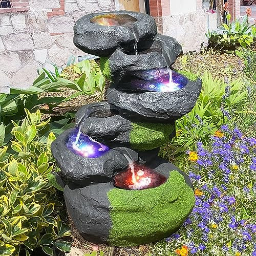 Fuente Decorativa - Fuente DE JARDÍN - Fuente DE Interior y Exterior - Fuente EN Cascada 230/12V - Fuente Ornamental 230V - Fuente Cascada Roca con luz LED en 4 Colores