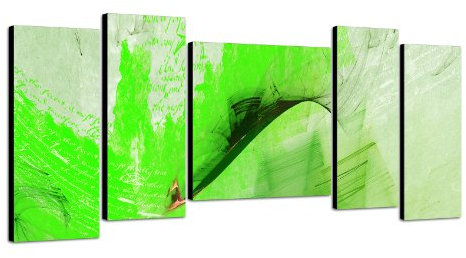 Green melodies - grünes Wandbild 130x60cm 5-teiliges Keilrahmenbild (20x50+20x50+40x40+20x50+20x50cm) abstraktes Wandbild mehrteiliger Kunstdruck im Gemälde-Stil - optisch wie handgemalt - glatte Oberfläche - Vintage