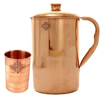 Indianartvilla Faite à la Main en cuivre Pur Pichet/Carafe | 1 134 Gram | avec 1 Tasse de cuivre | 283,5 Gram | – Cuivre Combo