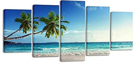 Wieco Art - 5 Piece Modern Stretched and Framed Contemporary Landscape Giclee Canvas Prints Artwork Ocean Sea Beach Seascape Pictures Paintings on Canvas Wall Art for Home Decorations