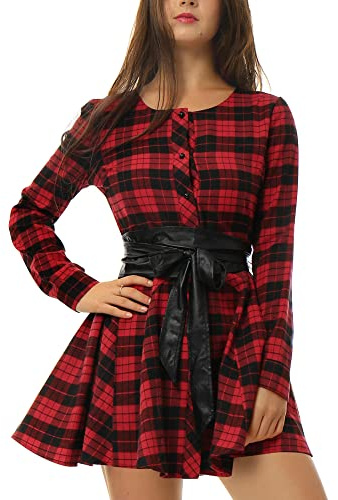 Allegra K Damen A Linie Langarm Bindegürtel Kariert Hemdkleid Kleid Rot M