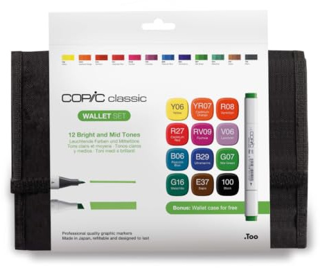 COPIC Classic Set Leuchtende Farben, 12er Set im Wallet, Twin Marker mit einer mittelbreiten und einer feinen Spitze