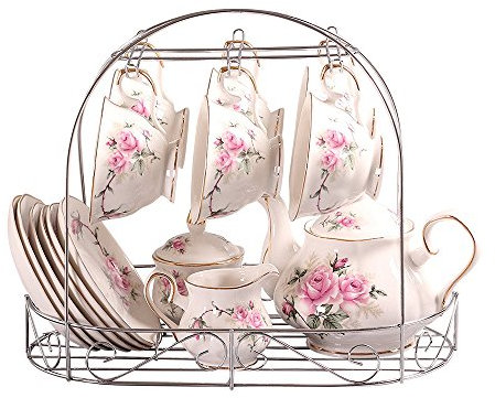 ufengke 15 Pezzi Set da tè Europeo Classico, Motivo Camelia Rosa E Bordo Dorato, Bone China Servizio da tè Set da caffè Vintage con Staffa Metallica, per Regalo, La Famiglia E Ufficio