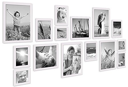PHOTOLINI Bilderrahmen-Set Holz Weiß Landhaus-Stil, 15er Set Holz-Rahmen, Made in Germany, Echtglas, zum Aufhängen, mit Zubehör - perfekt für Familienfotos & Urlaubsbilder