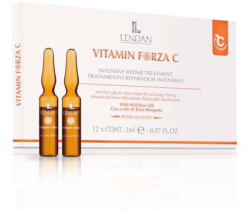 LENDAN - Ampollas Vitamina C - 12 x 2 ml - Tratamiento Reparador Intensivo - Promueve la Formación de Colágeno - Retrasa el Envejecimiento - Aporta Luminosidad a la Piel