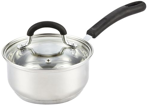 Cook N Home 1 Quart Stainless Steel Saucepan with Lid, Induction Compatible Milk Pot, Stay-Cool Silicone Handle, Mirror Polished 18/10 Cookware, Dishwasher & Oven Safe, Silver