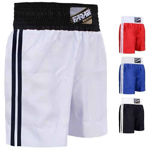 Farabi Sports Pantaloncini da Boxe PRO per Allenamento Boxe Punching Sparring Fitness Gym MMA Muay Thai Pantaloncini Kick Boxing (Large, White)