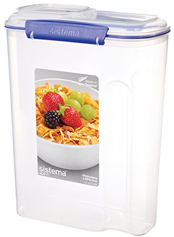 Sistema KLIP IT Cereal Container, Large 4.2L, Clear with Blue Clips, Airtight Storage with Lid, Plastic, BPA Free, Dishwasher, Microwave and Freezer Safe