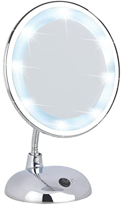 WENKO Spiegel Mod. Style LED Kosmetikstand flexibel beleuchtet freistehend mit 3-Fach Vergrößerung für Beauty-Einsatz batteriebetrieben Maße 17,5x28 x12 cm Spiegelfläche Ø 16 cm Chrom Kunststoff Glas