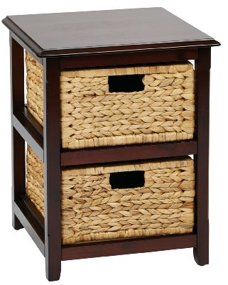 OSP Home Furnishings Seabrook Storage Tower with Solid Wood Frame and Natural Baskets, 2-Drawer, Espresso Finish
